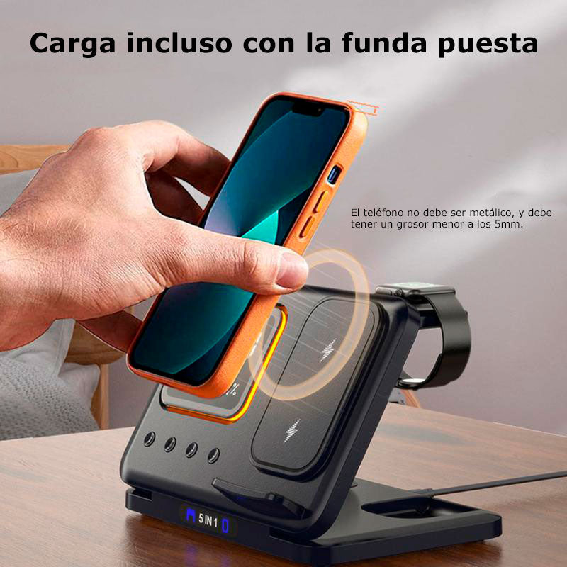 🔋 ESTACIÓN DE CARGA INALÁMBRICA 5 EN 1 CON RELOJ DESPERTADOR MULTIFUNCIÓN