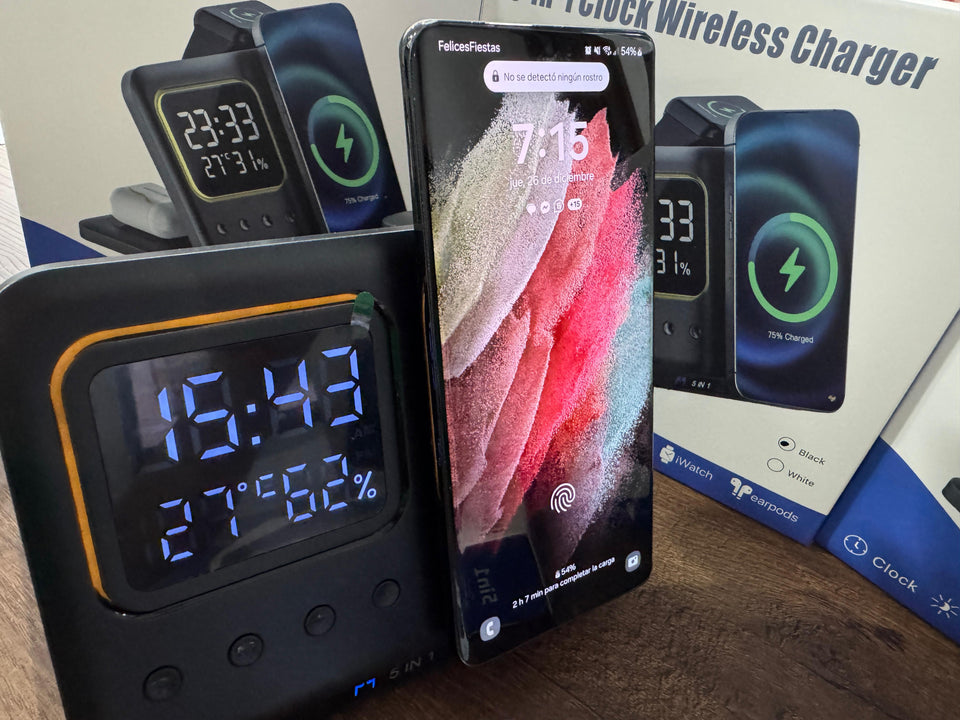 🔋 ESTACIÓN DE CARGA INALÁMBRICA 5 EN 1 CON RELOJ DESPERTADOR MULTIFUNCIÓN